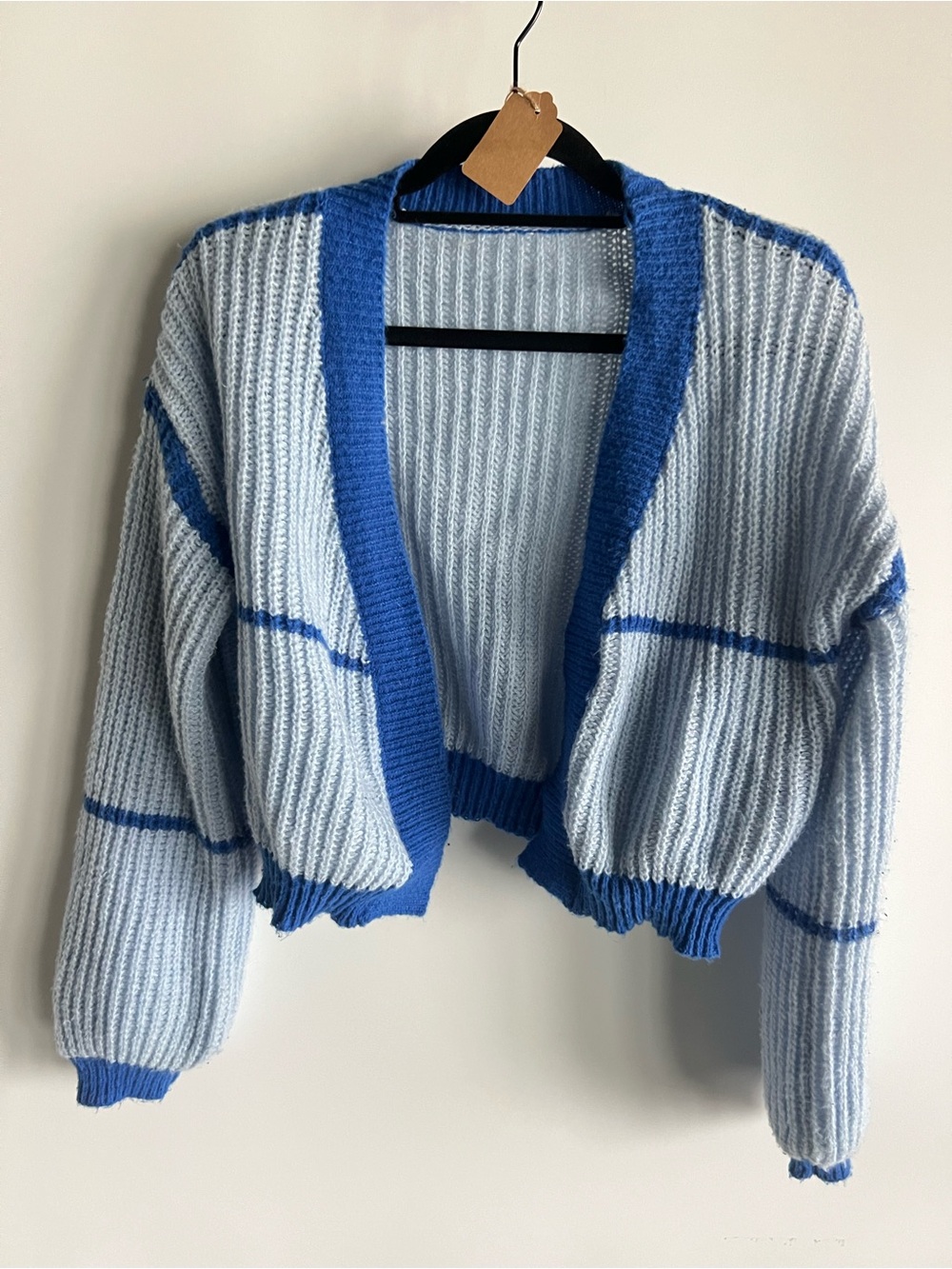 Vintage Blue Contrast Trim Ribbed Cardigan Sweater - Women